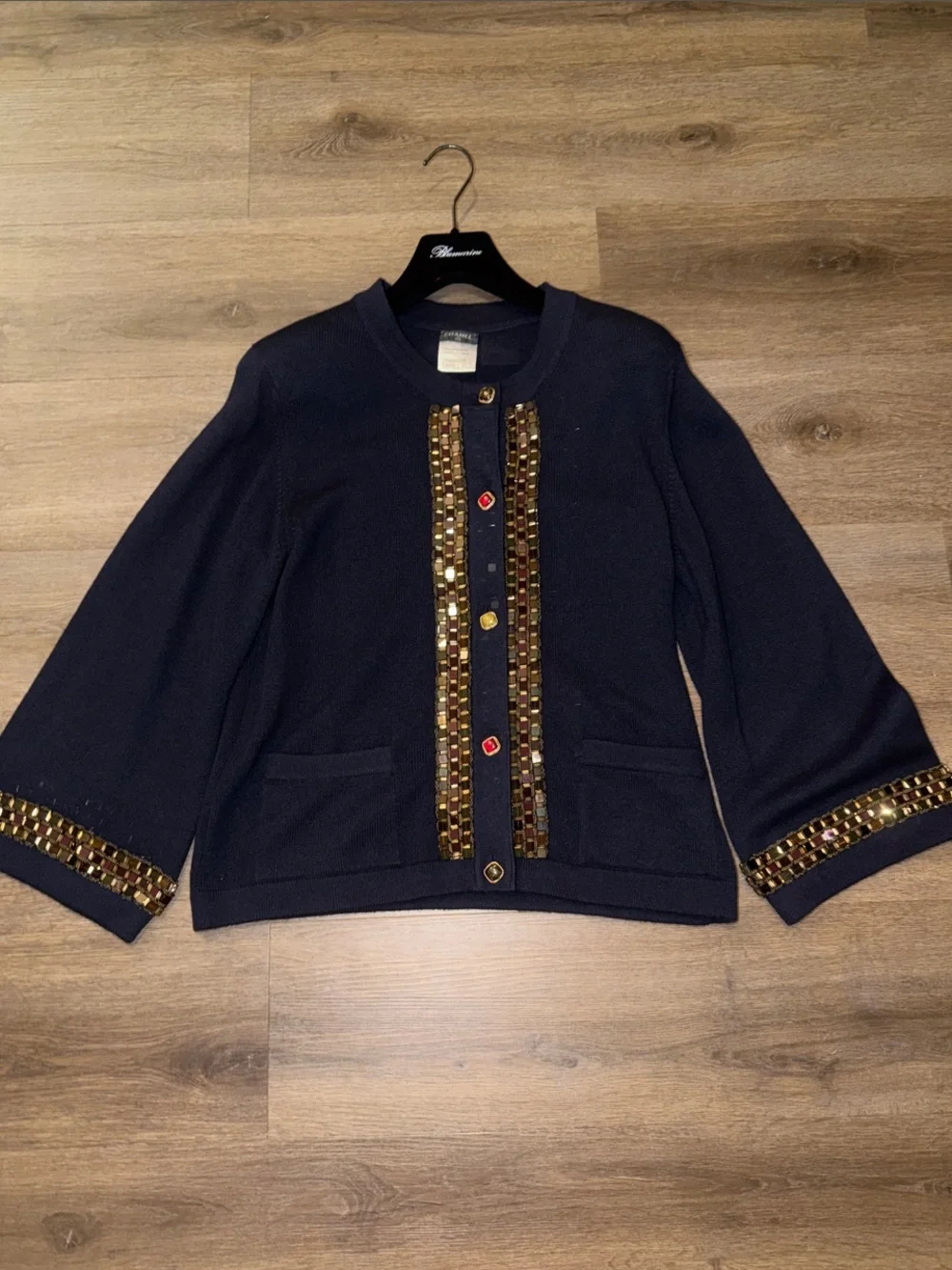 CHANEL Navy Knit Jacket with Gold Beaded Trim